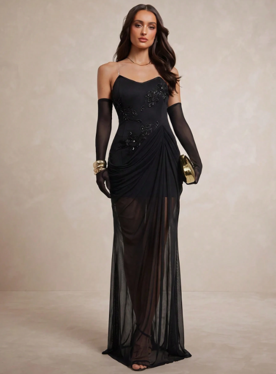 Kylie Sequin Maxi Dress with Gloves
