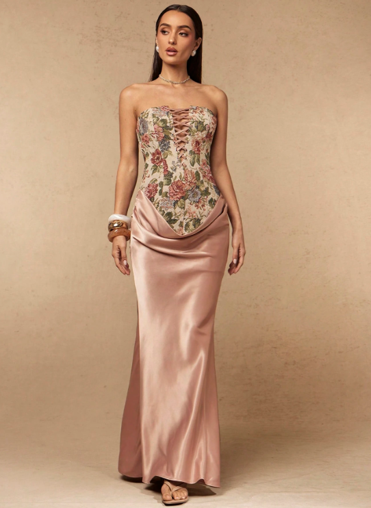 Emilie Floral Jacquard Mermaid Dress - Dusty Pink