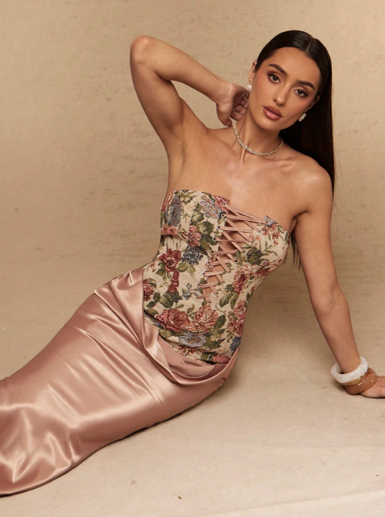 Emilie Floral Jacquard Mermaid Dress - Dusty Pink