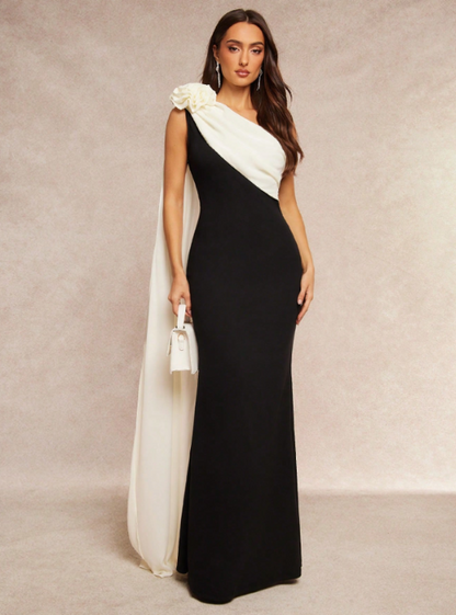 Clarissa Asymmetrical Shoulder Flower Maxi Dress