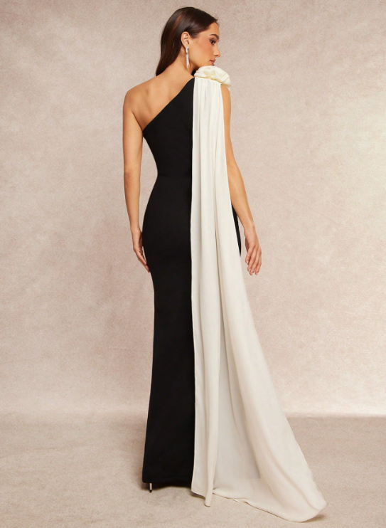 Clarissa Asymmetrical Shoulder Flower Maxi Dress