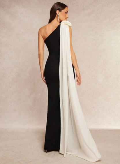 Clarissa Asymmetrical Shoulder Flower Maxi Dress