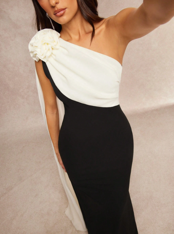 Clarissa Asymmetrical Shoulder Flower Maxi Dress