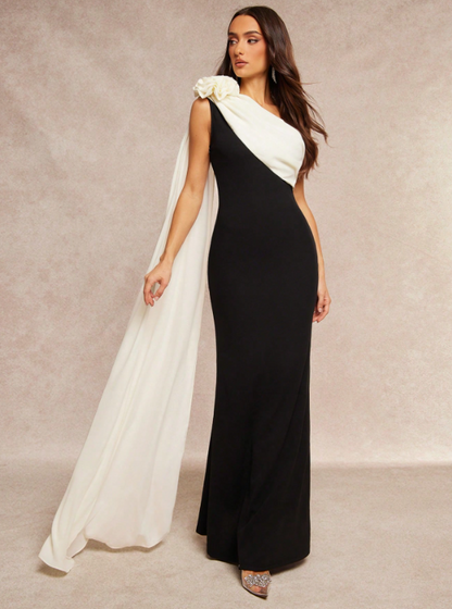 Clarissa Asymmetrical Shoulder Flower Maxi Dress