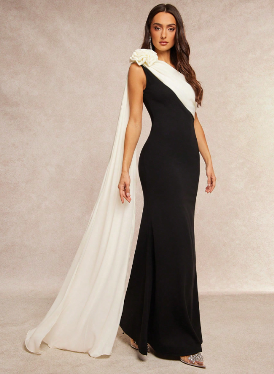 Clarissa Asymmetrical Shoulder Flower Maxi Dress