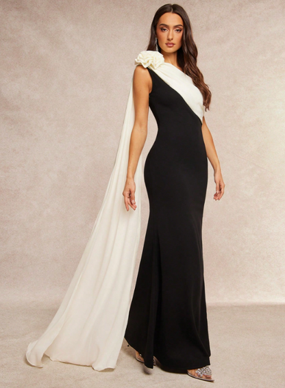 Clarissa Asymmetrical Shoulder Flower Maxi Dress