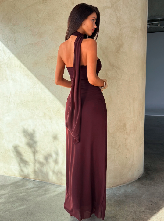 Evangeline Mesh Maxi Dress - Burgundy