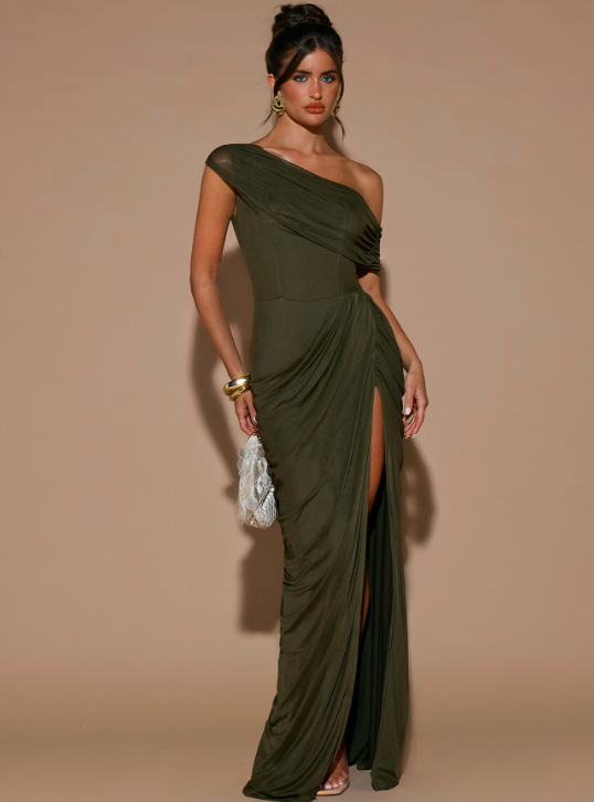 Seraphina Olive Green Off Shoulder Maxi Dress