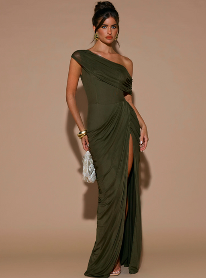 Seraphina Olive Green Off Shoulder Maxi Dress