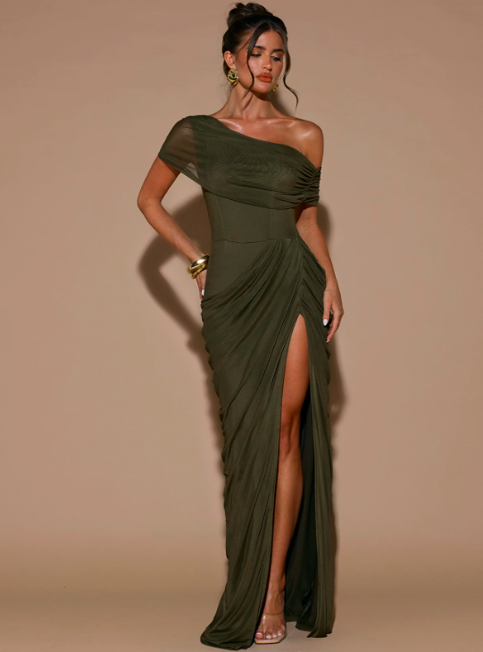Seraphina Olive Green Off Shoulder Maxi Dress