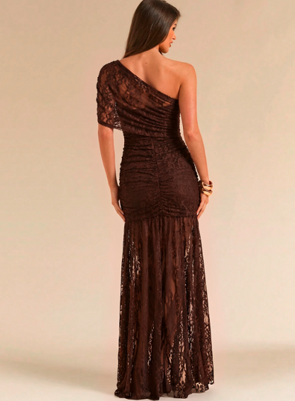 Juliette Lace Asymmetrical Shoulder Maxi Dress