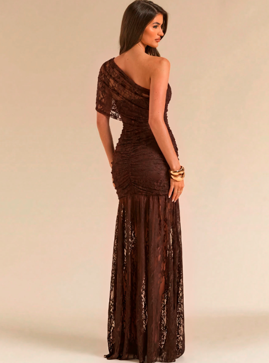 Juliette Lace Asymmetrical Shoulder Maxi Dress