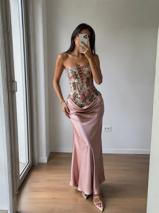 Emilie Floral Jacquard Mermaid Dress - Dusty Pink
