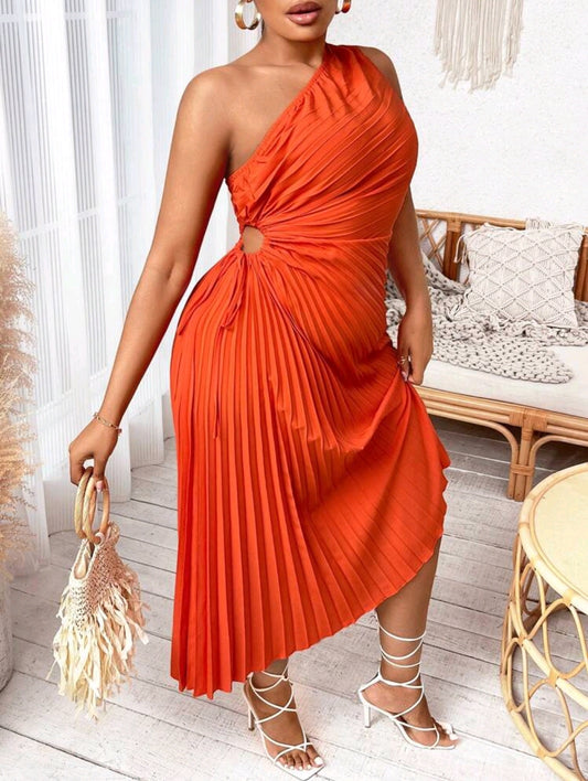 One Shoulder Cut Out Pleated Hem Dress