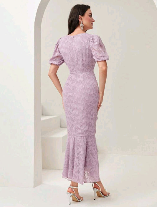 Puff Sleeve Mermaid Hem Ruched Lace Dress