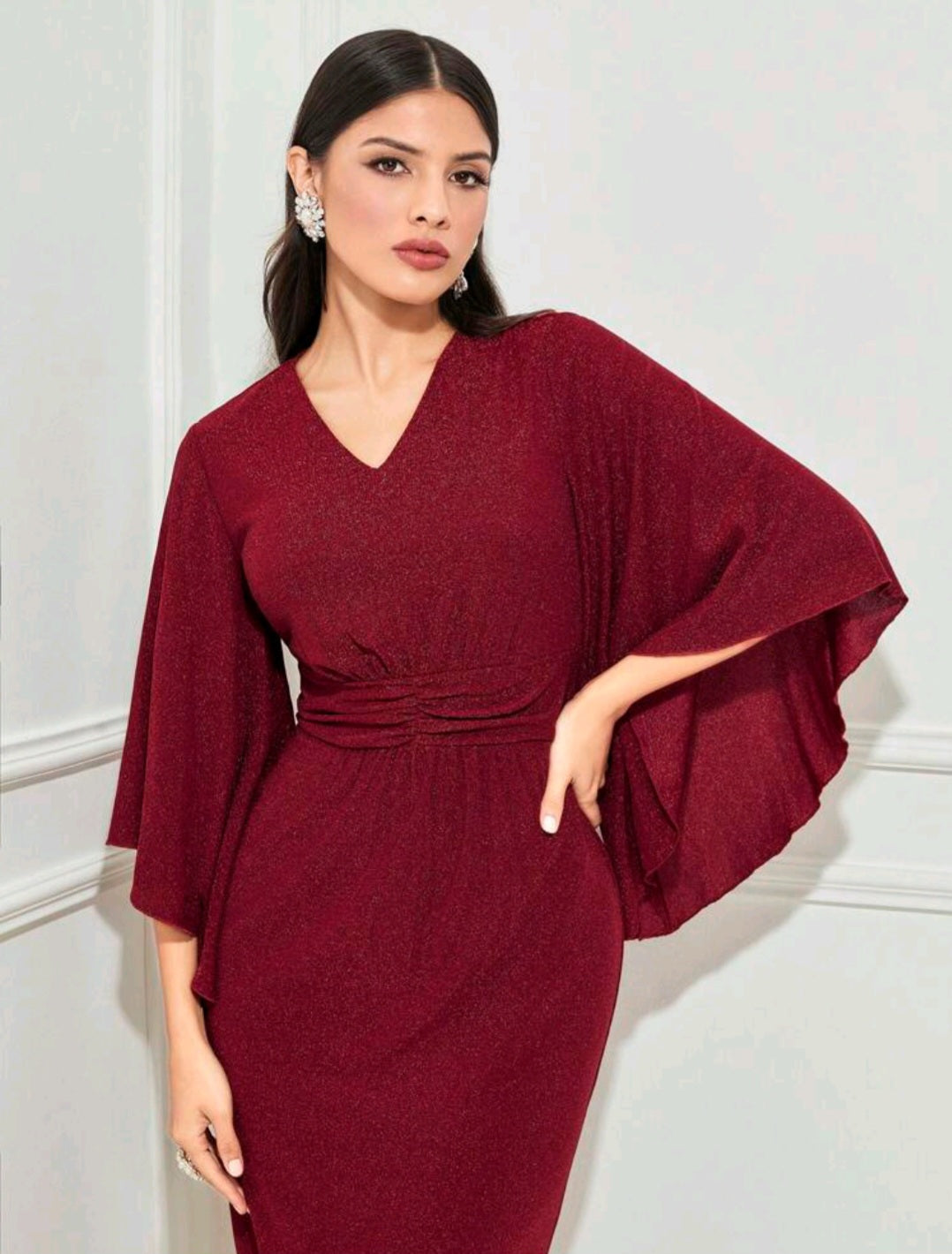Glitter Ruched Front Butterfly Sleeve Fitted Dress