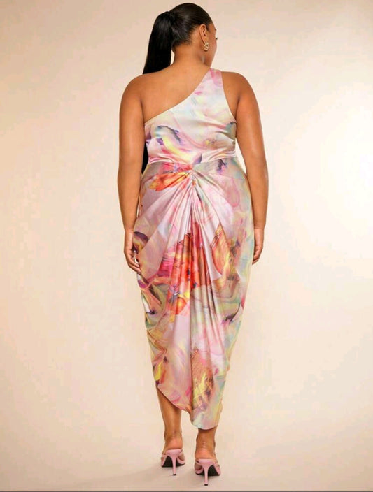 Marble Print One Shoulder Ruched Asymmetrical Hem Dress