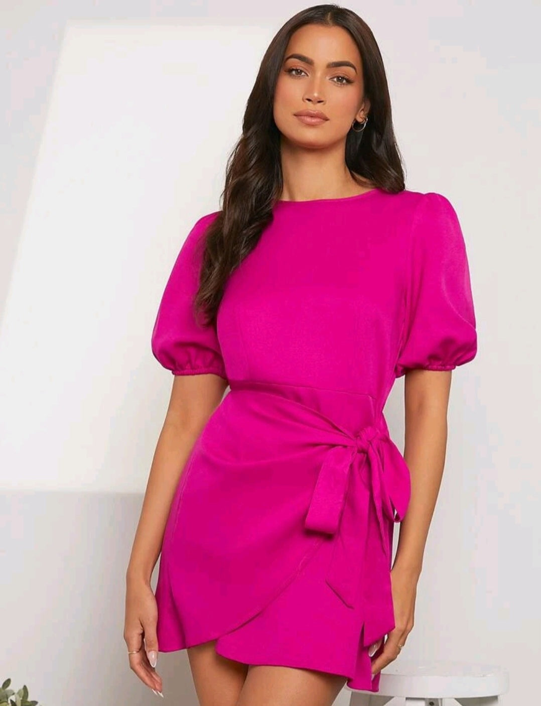 Harper Puff Sleeve Wrap Dress - Hot Pink