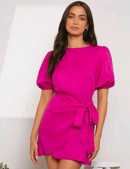 Harper Puff Sleeve Wrap Dress - Hot Pink