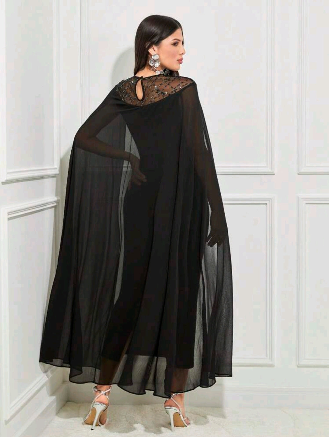 Contrast Lace Cloak Sleeve Split Back Dress