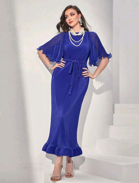 Sofi Flounce Sleeve Belted Dress - Royal Blue
