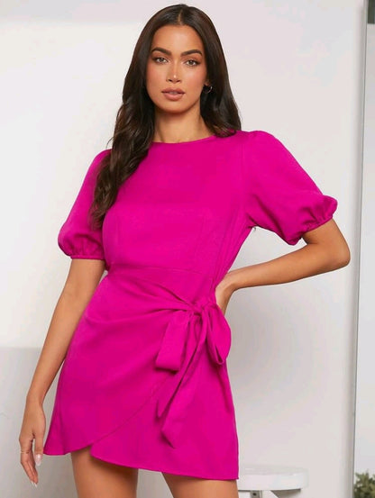 Harper Puff Sleeve Wrap Dress - Hot Pink