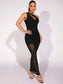 One Shoulder Cut Out Ruched Mesh Overlay Bodycon Dress