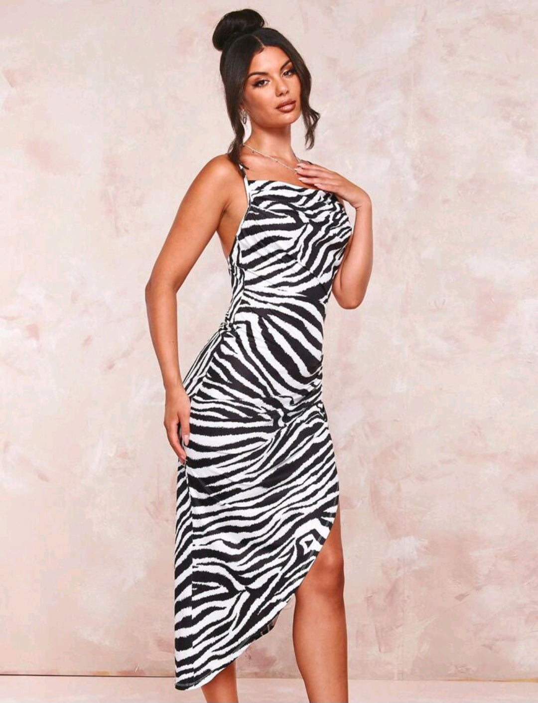 Zebra Striped Crisscross Backless Split Thigh Cami Dress