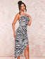 Zebra Striped Crisscross Backless Split Thigh Cami Dress