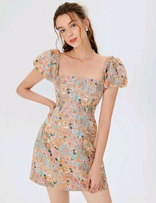 Allover Floral Print Square Neck Puff Sleeve Dress