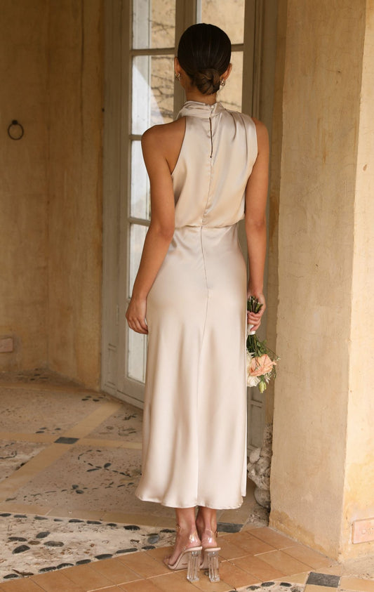 Ivy Draped Front Satin Midi Dress - Apricot