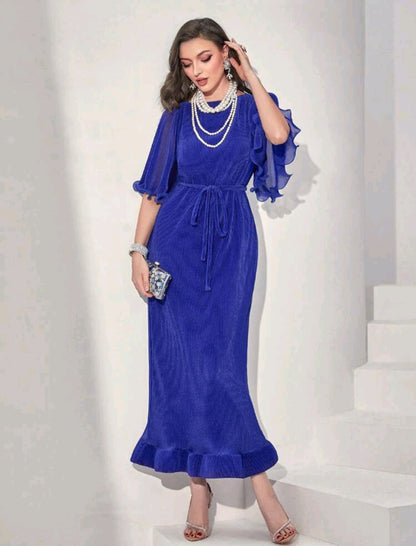 Sofi Flounce Sleeve Belted Dress - Royal Blue