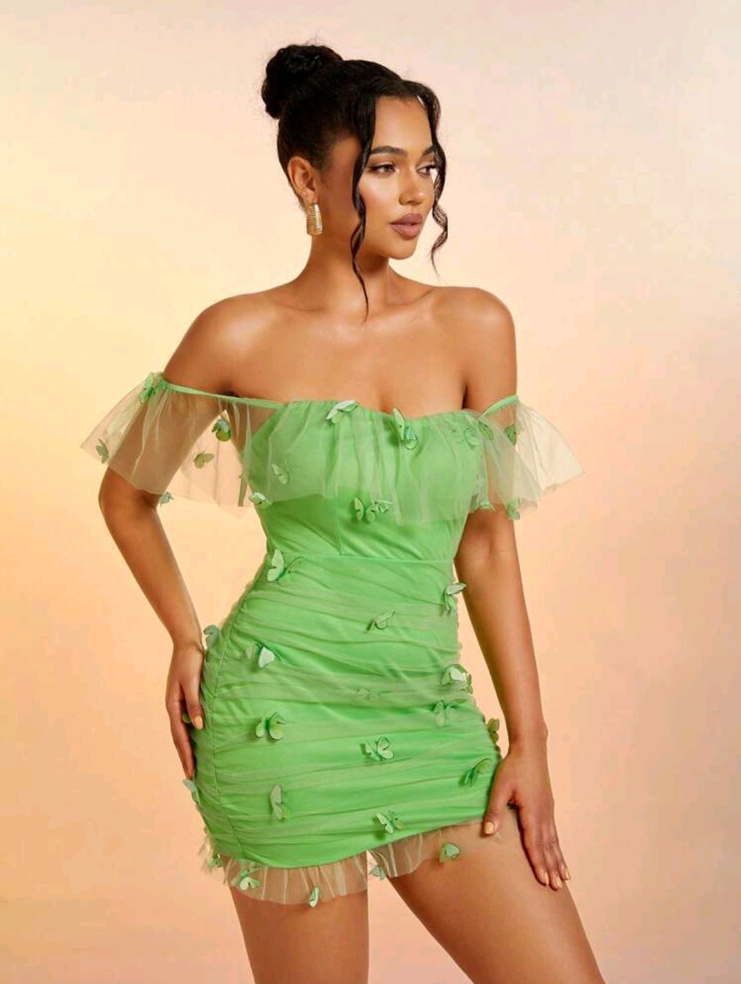 Off Shoulder Butterfly Appliques Ruched Mesh Bodycon Dress