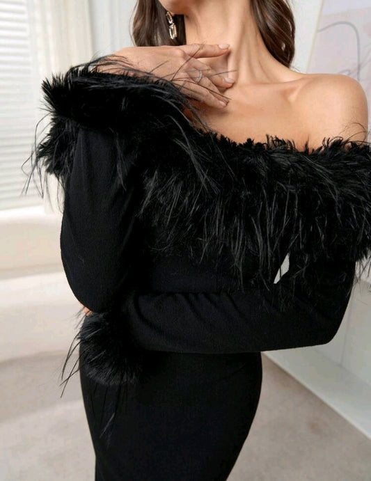 OLIVIA OFF SHOULDER FLUFFY MIDI DRESS