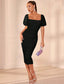 Square Neck Puff Sleeve Ruched Mesh Bodycon Dress