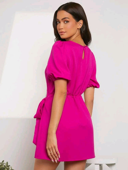 Harper Puff Sleeve Wrap Dress - Hot Pink