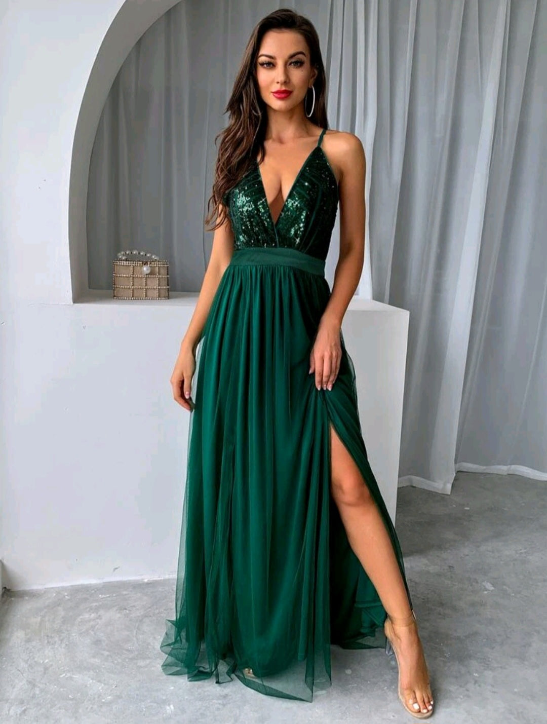 Sequin Bodice Backless Mesh Cami Formal Evening Gowns