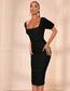 Square Neck Puff Sleeve Ruched Mesh Bodycon Dress