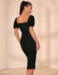 Square Neck Puff Sleeve Ruched Mesh Bodycon Dress