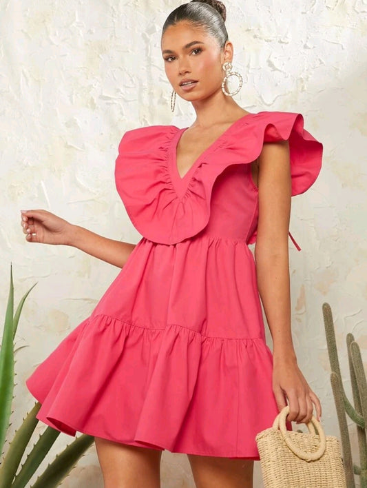 Molly Tie Backless Ruffle Trim Dress - Watermelon Pink