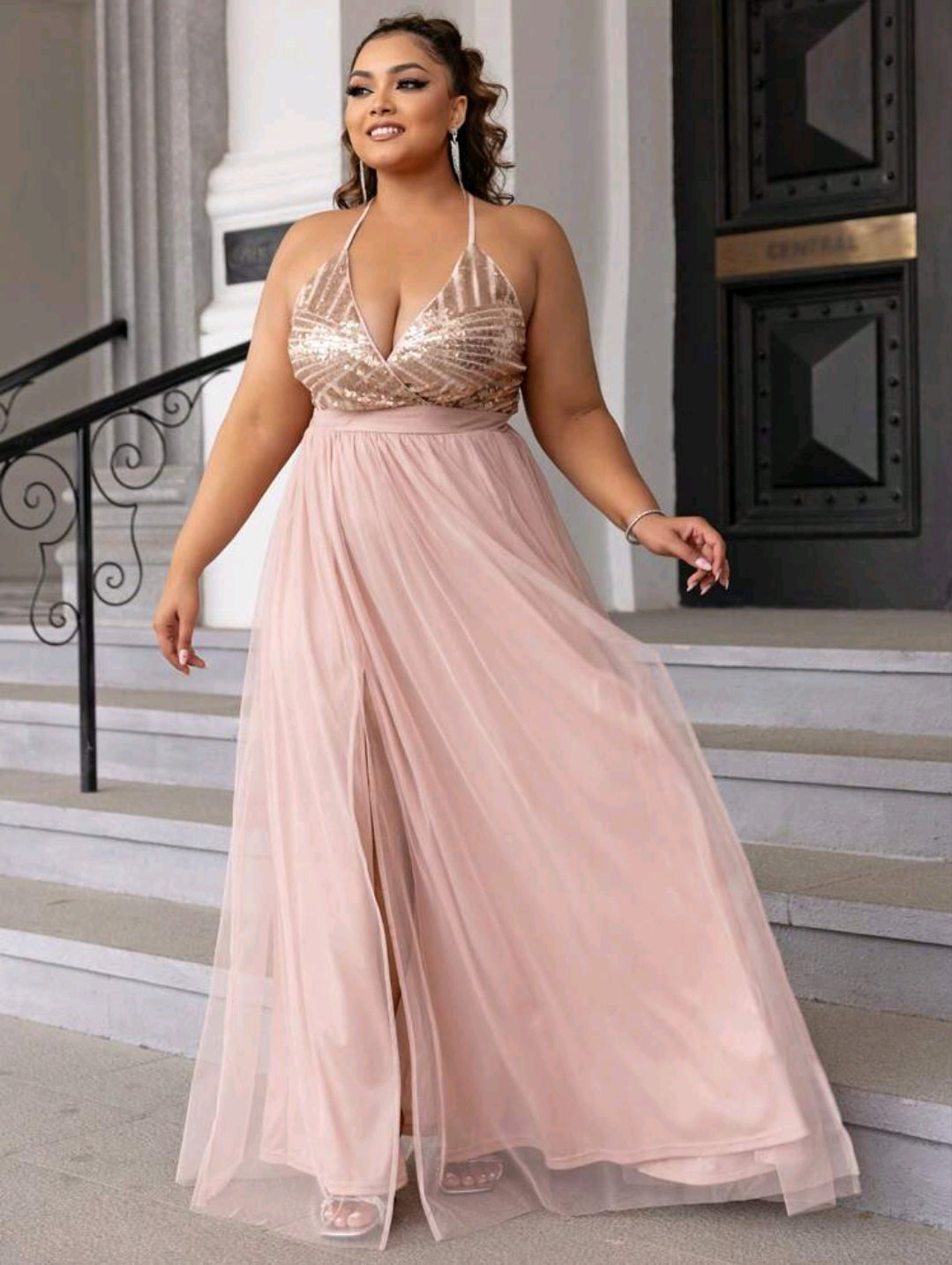 Selena Sequin Split Thigh Maxi Dress - Baby Pink