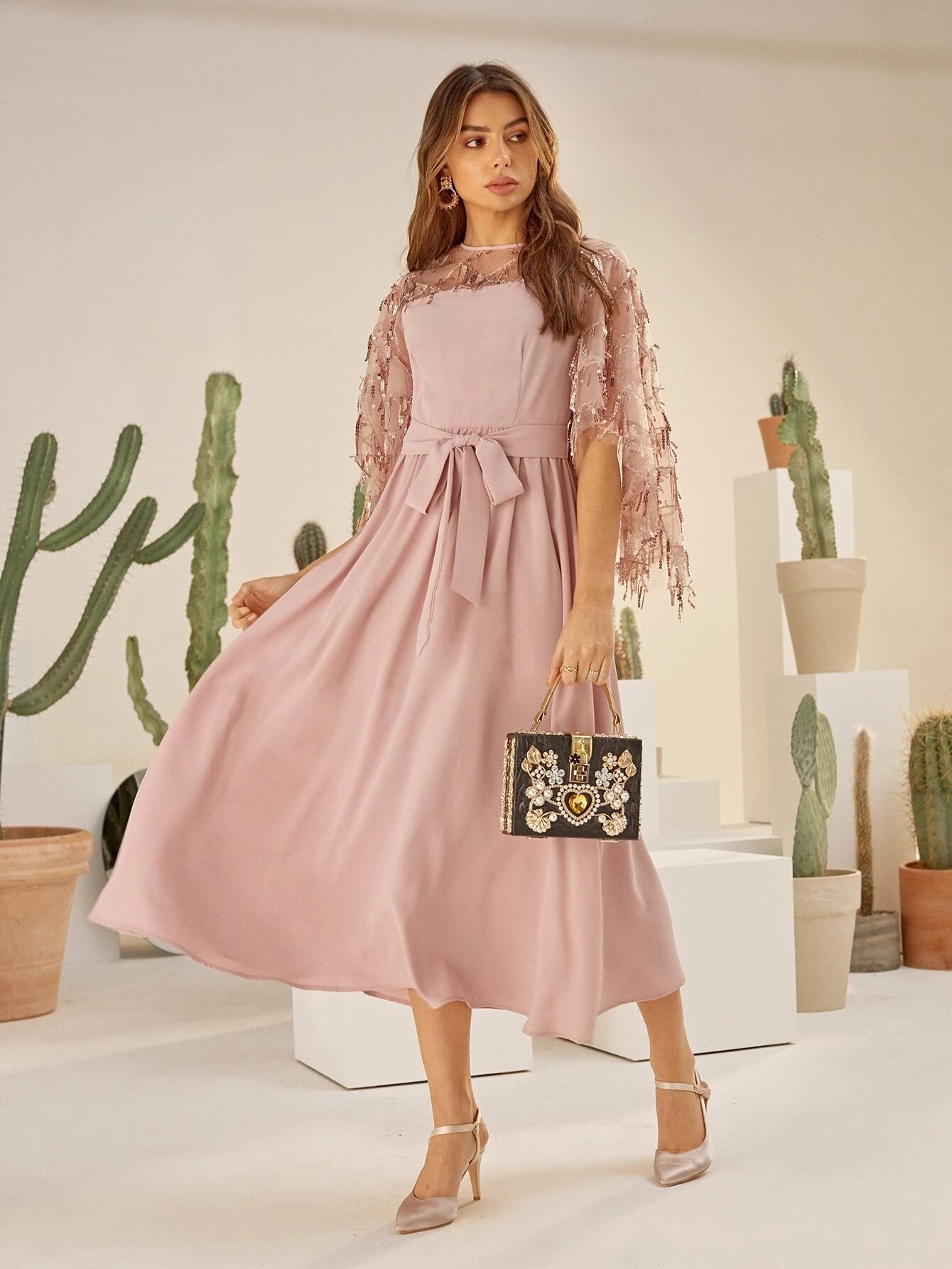 Khloé Sequin Midi Dress - Baby Pink