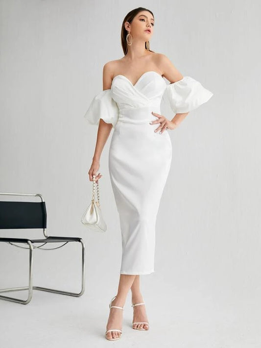 Sarah Off Shoulder Surplice Dress - White