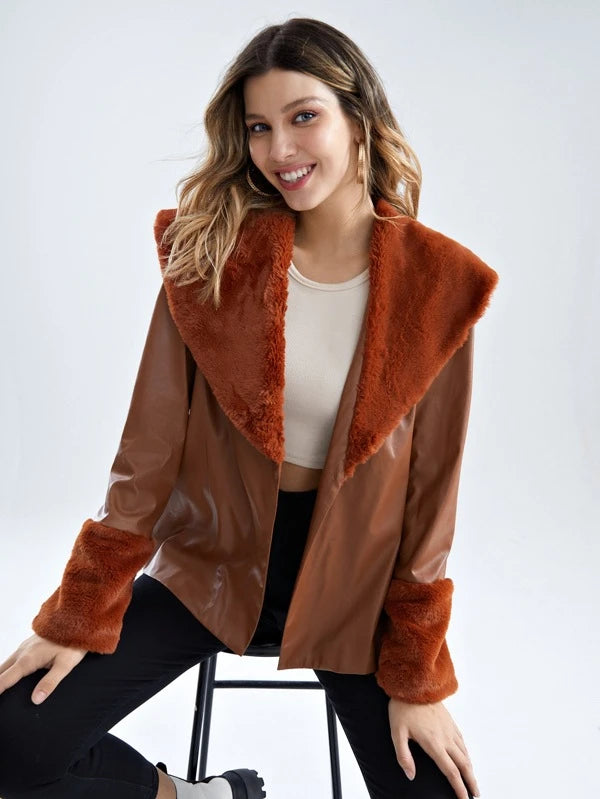 Contrast Fuzzy Collar Patent Jacket