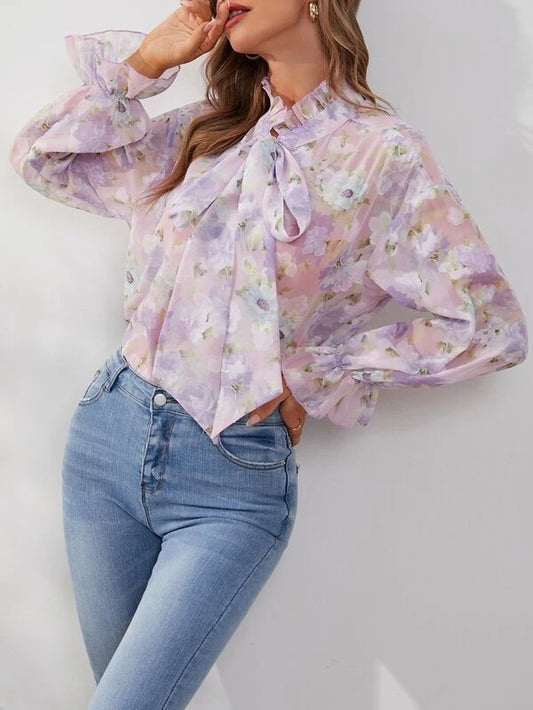 Julia Floral Flounce Sleeve Tie Neck Blouse