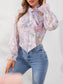 Floral Print Frill Trim Flounce Sleeve Tie Neck Blouse