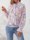 Floral Print Frill Trim Flounce Sleeve Tie Neck Blouse