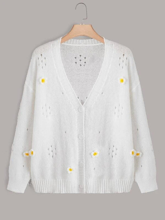 Plus Stereo Flower Eyelet Detail Drop Shoulder Cardigan