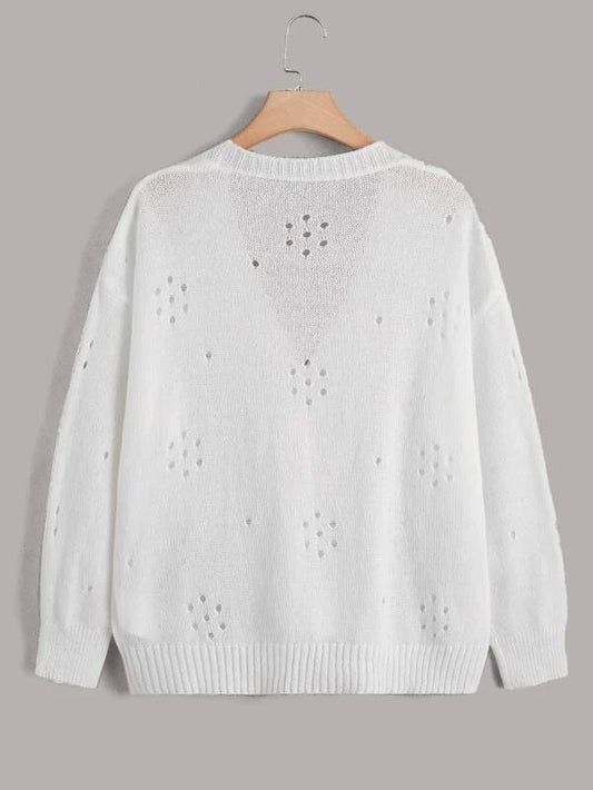 Plus Stereo Flower Eyelet Detail Drop Shoulder Cardigan
