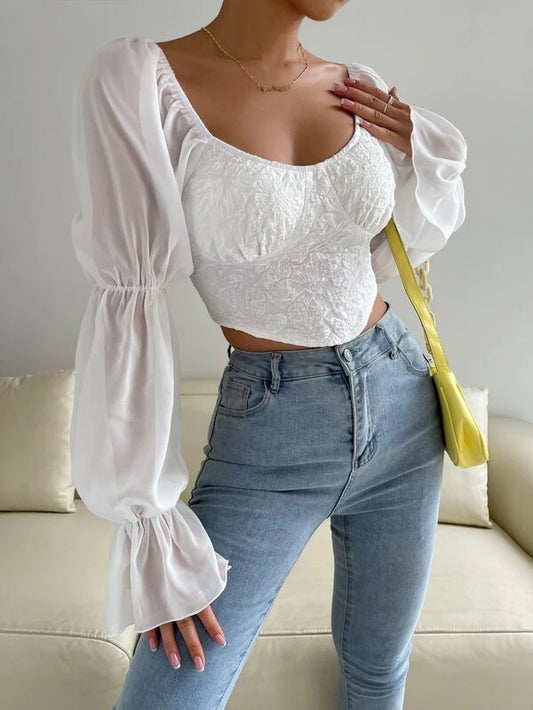 Gathered Sleeve Lace Up Backless Curved Hem Bustier Crop Blouse